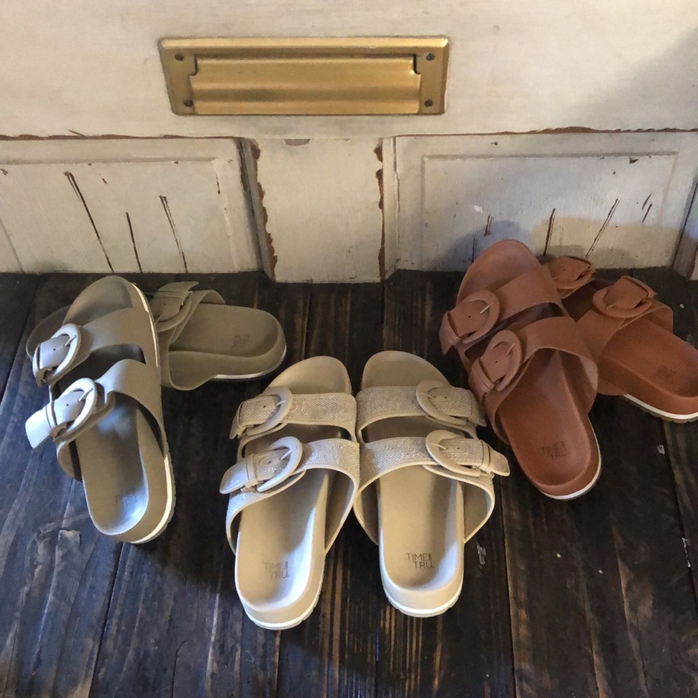 Time and Tru slip on sandal buckle cream brown taupe like new lot of 3 sโฆ - Picture 13 of 16